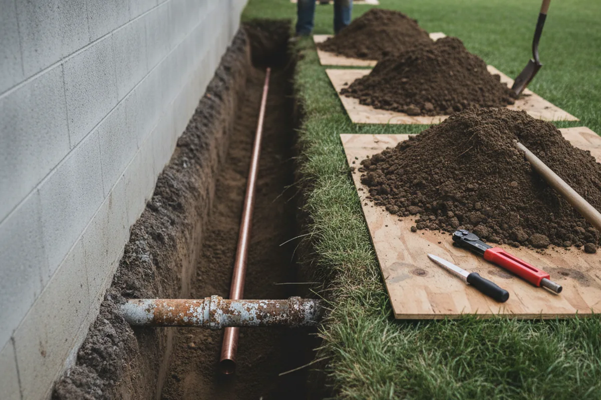 Excavated water line trench during Water Softener Installation in Planada